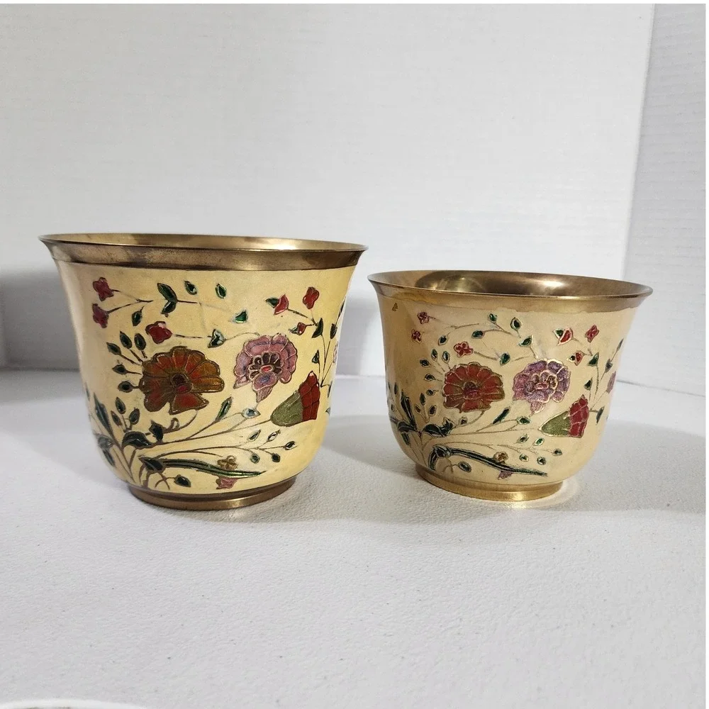 Vintage India Brass Floral Enamel Planter Set 2 Hand Painted Cloisonne Bowls